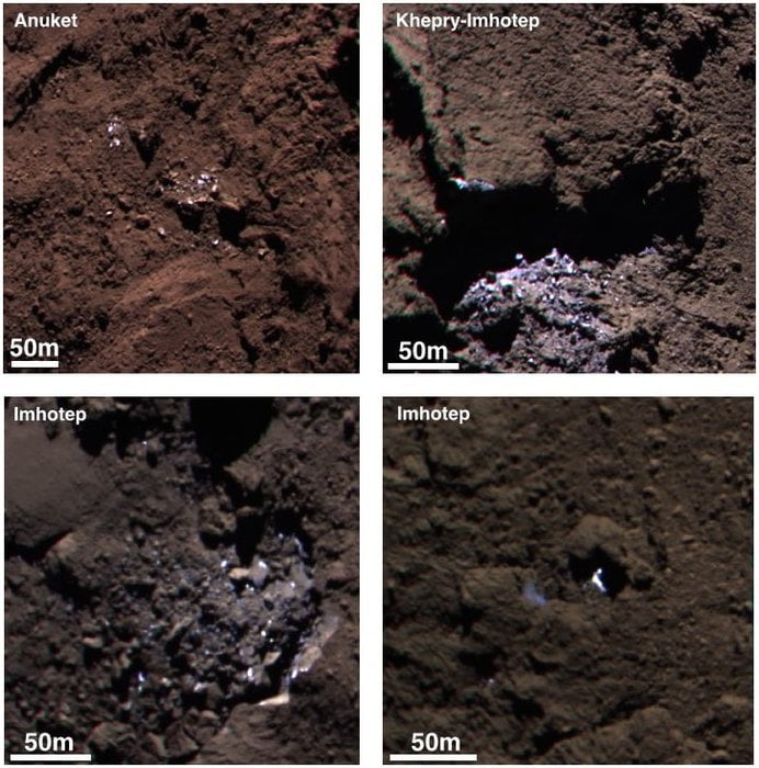 Foto warna di kawasan sekitar tompokan ais.  Copyright ESA/Rosetta/MPS for OSIRIS Team MPS/UPD/LAM/IAA/SSO/INTA/UPM/DASP/IDA